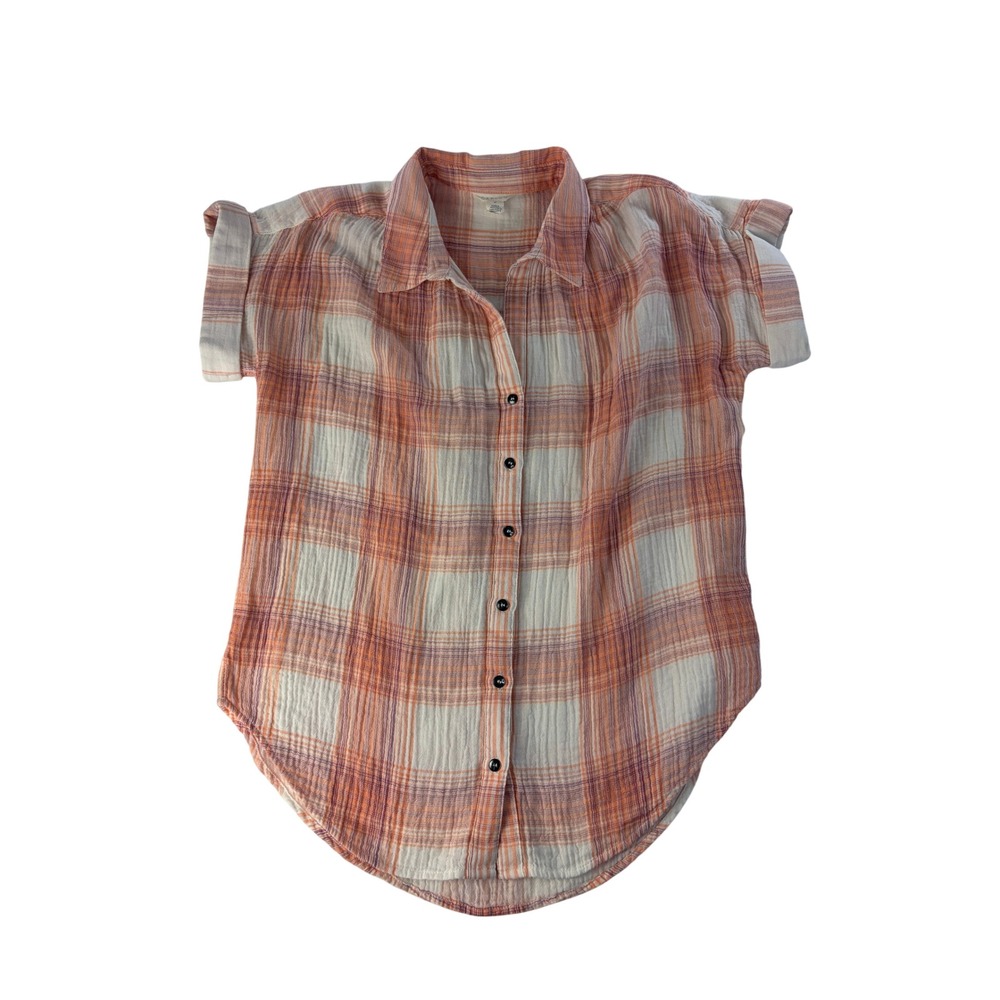 Caslon Button Down Shirt Medium Plaid Gauze Short Sleeve Top 100% Cotton